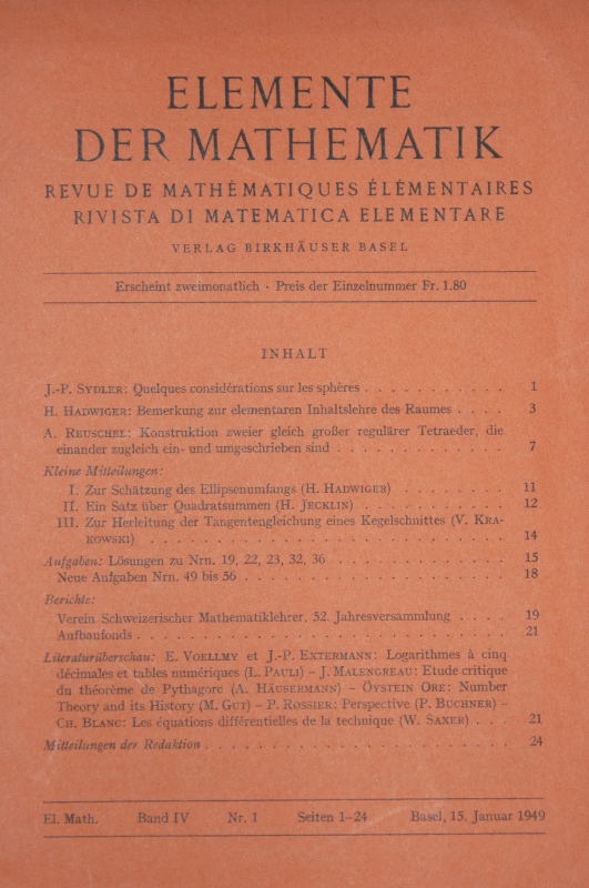 Elemente der Mathematik / Revue Mathematiques elementaires / Rivista de