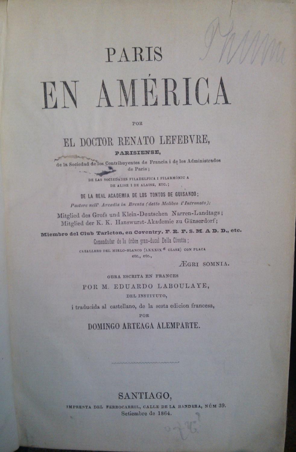 París en América por el doctor Renato Lefebvre. Obra escrita en francés