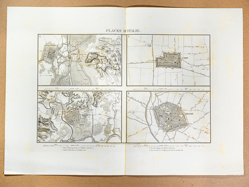 Places d'Italie. Prise de Verrue par le Duc de Vendôme le 9 avril 1705 - Combat d'Asti livré le 8 novembre 1705 - Prise de Carpi par les alliés le 5 Août 1706 - Prise du Château de Reggio par les alliés le 14 Août 1706 [ tiré de l'Atlas des Mémoires Militaires relatifs à la Succession d'Espagne sous Louis XIV. Extraits de la Correspondance de la Cour et des Généraux ] - DE VAULT, Lieutenant Général de ; PELET, Général de Division (dir.) ; Collectif