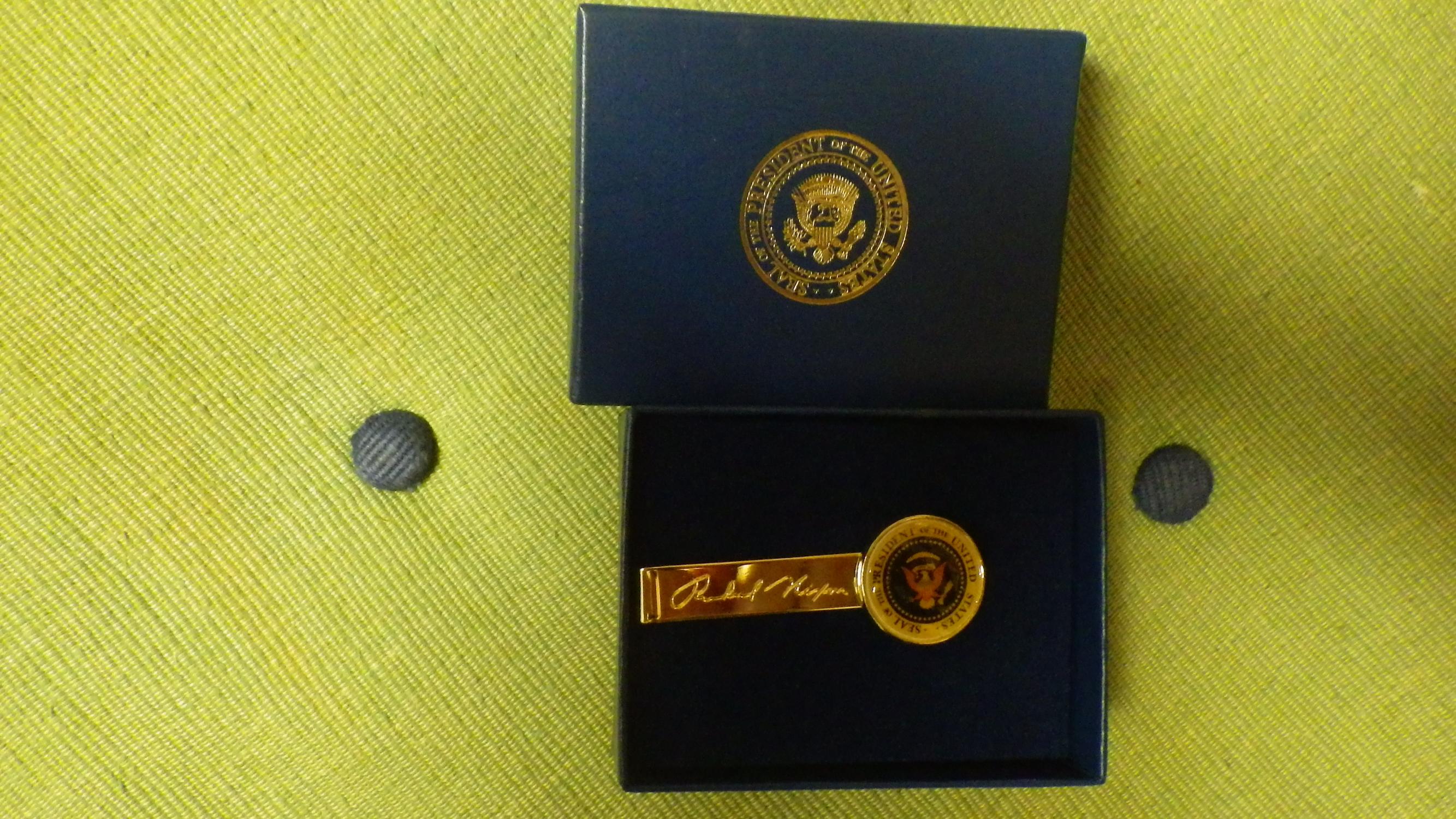 President Richard Nixon Personalized Gold Tie Clasp with Presidential Seal in Gold Gilt Blue & Red With His Facsimile Signature Engraved , in Lovely