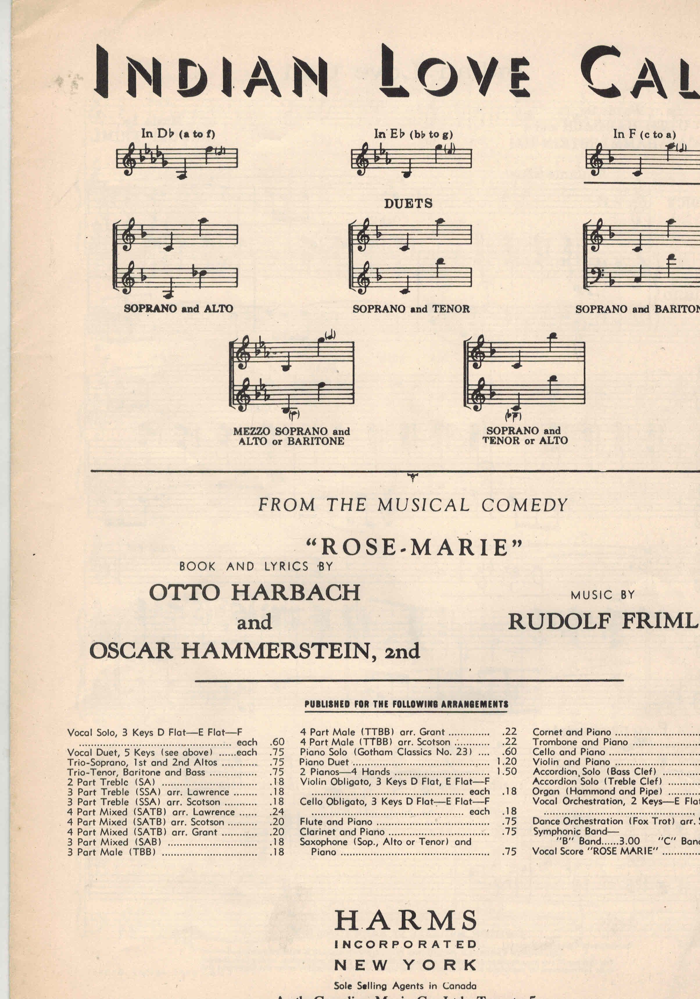 Indian Love Call ( From The Musical Comedy RoseMarie ) Vintage Sheet