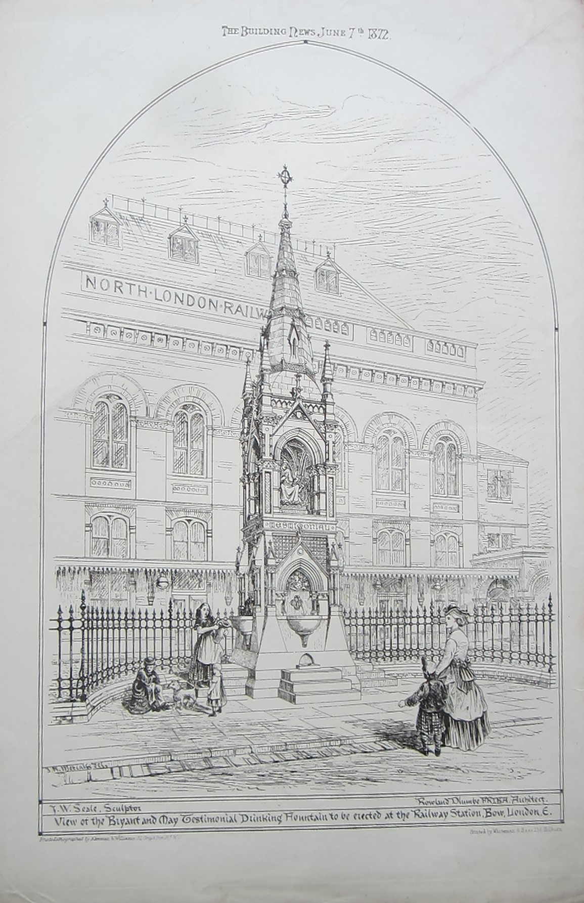 Drinking Fountain at Bow Station. . . a Fine Antique Architectural Drawing . BOW. An Antique Architectural Drawing Printed in the 19th Century. [Very
