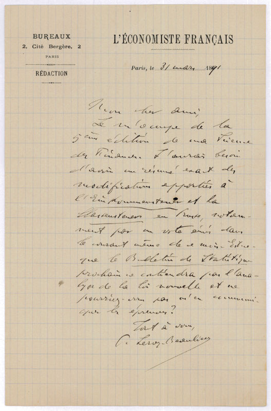 Autograph letter signed. by LeroyBeaulieu, Pierre Paul, French