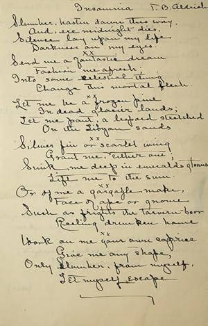 Bild des Verk�ufers f�r Autograph manuscript copies of select stanzas from his Poems "Insomnnia" and "Invocation to Sleep", both signed zum Verkauf von James Cummins Bookseller, ABAA