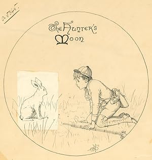 Imagen del vendedor de An original pen and ink drawing captioned "The Hunter's Moon," signed with monogram "J," "M," small raised 'c' above J, with a reversed "S" showing a young boy with gun, cap, powder horn and bag in 19th century dress on the ground facing a rabbit. The rabbit is drawing on a paste-over, all within a circle, outside of circle are numbers "A5345," stamp on the verso reading "Art Department, The Century Co., Union Square, New York City] a la venta por James Cummins Bookseller, ABAA