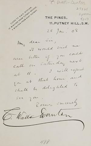 Immagine del venditore per An autograph letter signed, "Theodore Watts" and a letter signed "Theodore Watts-Dunton venduto da James Cummins Bookseller, ABAA