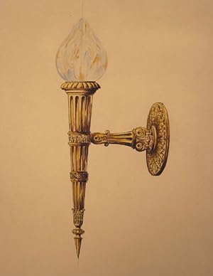 Original pencil and watercolor design for ornamental brass wall lighting fixture