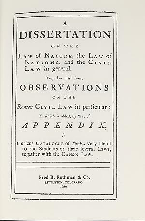 Imagen del vendedor de A Dissertation on the Law of Nature, the Law of Nations, and Civil Law a la venta por The Lawbook Exchange, Ltd., ABAA  ILAB