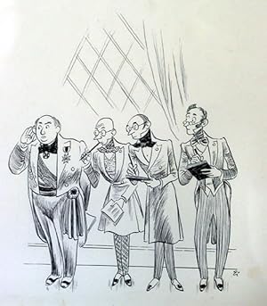 Pen and ink illustration of four Functionaries listening