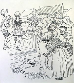 Pen and ink illustration of a duck holding a hat as an old woman tosses coins into it while child...
