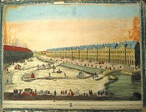 Bild des Verkufers fr Two hand-colored engravings depicting the city of Petersburg, entitled "Prospectus Collegiorum Imperialium et Fundorum Orientalium Mercatorum Petersburgi / Vista de Los Collegios Imperiales, y de l'Almazn de las Mercaderias Orientales a Petersbourg;" AND "Prospectus de Neva, Orientuem Versus Aditus que in Galeram Petroburgae / Vista de la Neva, Hazia el Oriente, Entre el Lugar de las Galeras a Petersbourg" zum Verkauf von James Cummins Bookseller, ABAA