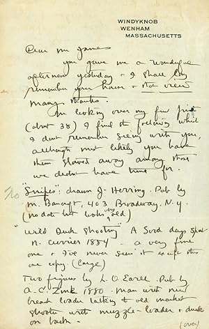 Bild des Verkufers fr Two Autograph Letters, Signed, to collector Norman James of Baltimore, Maryland, March 30 and April 17, [1925], discussing sporting books and prints, The Natural History of the Ducks, and Phillips' idea for a bibliography of American sporting books zum Verkauf von James Cummins Bookseller, ABAA