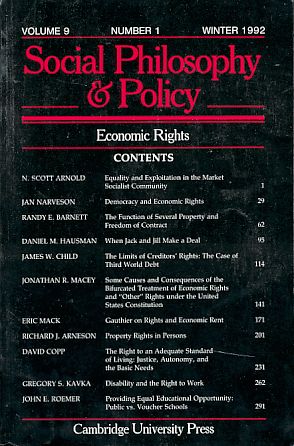 Immagine del venditore per Economic Rights. Social Philosophy & Policy, Volume 9, number 1, winter 1992. venduto da Fundus-Online GbR Borkert Schwarz Zerfa