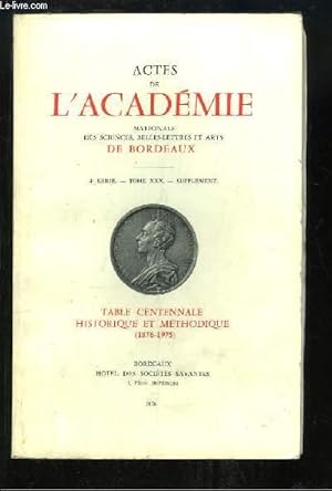 Seller image for Actes de l'Acadmie Nationale des Sciences, Belles-Lettres et Arts de Bordeaux. 4me srie, TOME 30 - Supplment : Table Centennale historique et mthodique (1876 - 1975) for sale by Le-Livre