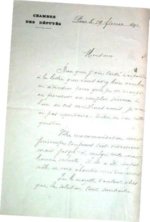 Bild des Verkufers fr Lettre autographe  entte de la Chambre des dputs de Charles DESCAURE  M. De Frechencourt au sujet d'une recommandation pour un emploi pour un de ses meilleurs amis. zum Verkauf von JOIE DE LIRE