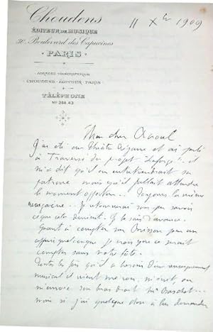 Bild des Verkufers fr Lettre Autographe  entte de l'diteur de musique CHOUDENS, du Baron Bonnet De Maureilhan De Polhes adresse  Raoul de Frchencourt. Il explique qu'il est all au Thtre Rjane et qu'il a parl  Traversi du projet Laforge, il parle de leurs pices, zum Verkauf von JOIE DE LIRE