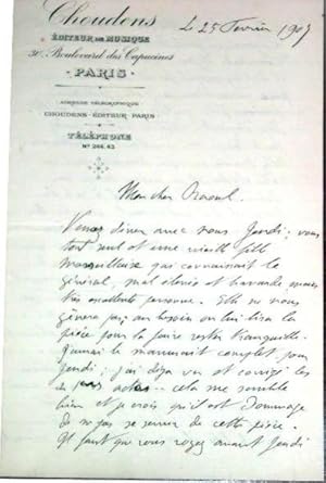 Bild des Verkufers fr Lettre autographe  entte de l'diteur de musique CHOUDENS du Baron Bonnet De Maureilhan De Polhes adresse a Raoul de Frchencourt ,Il propose de venir dner avec une vieille fille marseillaise qui connaissait le gnral, mal leve et bavarde. Ils lir zum Verkauf von JOIE DE LIRE