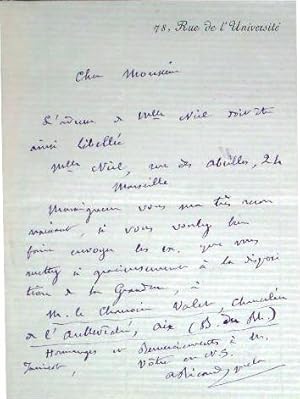 Seller image for Lettre autographede Monseigneur Ricard, vicaire gnral de l'archevque d'Aix-en-Provence il demande qu'on envoie des livres gracieusement au chanoine Valet. for sale by JOIE DE LIRE