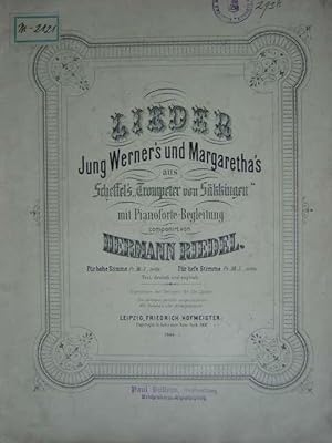 Image du vendeur pour Lieder Jung Werner's und Margaretha's aus Scheffels "Trompeter von Skkingen". Album mit 7 Liedern / solo und im Duett. Hier: Ausgabe fr Klavier mit berlegter Singstimme(n) / hohe Lage / 2sprachige Ausgabe: deutscher und englischer Text (English version by Mrs. John P. Morgan). mis en vente par Antiquariat Tarter, Einzelunternehmen,