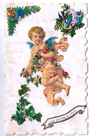 Imagen del vendedor de Carte Postale Ancienne - Nacre et Dcoupis - Ange avec fleurs. Message je pense  vous. a la venta por JOIE DE LIRE