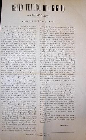 Bild des Verkufers fr REGIO TEATRO DEL GIGLIO. Lucca, 3 ottobre 1847. Manifesto originale. zum Verkauf von studio bibliografico pera s.a.s.