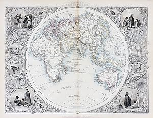 Eastern Hemisphere, antique map with vignette views