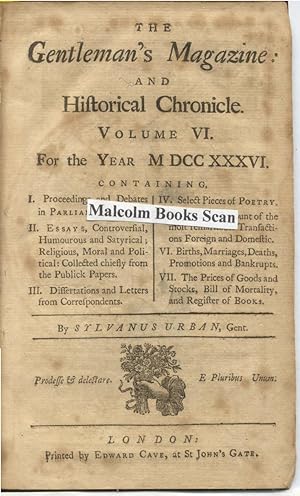 Seller image for The Gentleman's Magazine; and Historical Chronicle Volume VI, for the year M DCC XXXVI, (1736 ) (all 12 monthly issues) for sale by Malcolm Books