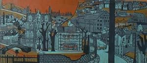 Seller image for Cityscape linocut (a) in blue and brown. for sale by Roe and Moore