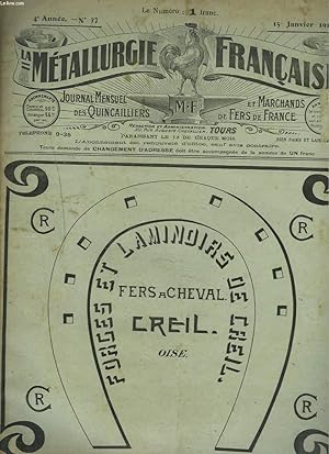 Seller image for LA METALLURGIE FRANCAISE, JOURNAL MENSUEL DES QUINCAILIERS ET MARCHANDS DE FERS DE FRANCE N37, 15 JANVIER 1919. DE LA HAUSSE A LA BAISSE / DEVELOPPONS NOTRE OUTILLAGE NATIONAL/ LE CONTRAT DE TRAVAIL ET LES MOBILISES/ LES TAXATIONS NEFASTES/ . for sale by Le-Livre