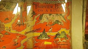 Imagen del vendedor de FAIRVIEW BOYS on A Ranch OR Riding with the Cowboys in RARE Bright Color Red DustJacket By R. Emmett Owen of 2 Boys Wearing Blue & Green Shirts with Scarfs Carrying Treasure Chest & Another in Blue Shorts Running from Bull Near Yellow Path with Spotted B a la venta por Bluff Park Rare Books