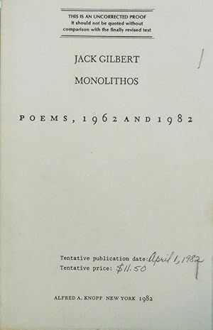 Seller image for Monolithos Poems 1962 and 1982 for sale by Derringer Books, Member ABAA