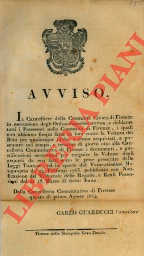 Avviso ai possesori nella Comunità di Firenze di fare la Voltura di Beni per qualunque titolo o c...