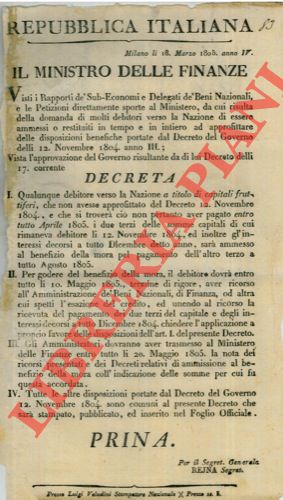 Decreto sopra i rapporti Sub-Economici e delegati dei Beni Nazionali.