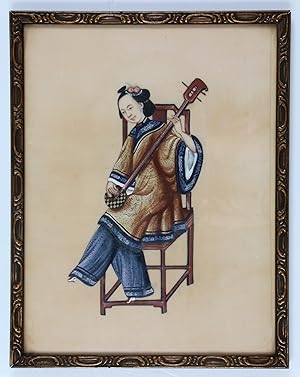 Four drawings of female Chinese musicians playing musical instruments.