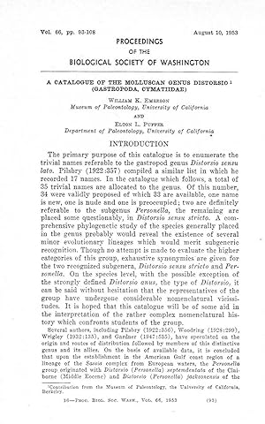 Seller image for A catalogue of the molluscan genus Distorsio (Gastropoda, Cymatiidae). In 8vo, offp., pp. 16. Offprint from Proc. Biol. Soc. Wash., 66 for sale by NATURAMA