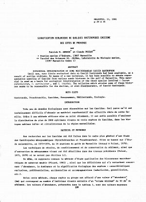 Image du vendeur pour Signification ecologique de quelques gastropodes Caecidae des ctes de Provence. In 4, offp., pp. 7. Offprint from Haliotis 11 mis en vente par NATURAMA