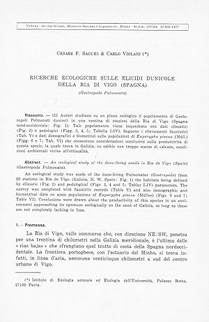 Immagine del venditore per Ricerche ecologiche sulle elicidi dunicole della Ria di Vigo (Spagna).In 8vo, offp., pp. 32 with 7 figs. Offprint from Natura, 68(1-4) venduto da NATURAMA