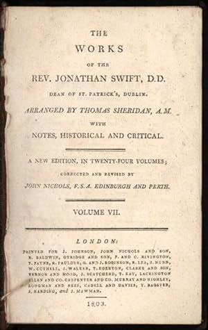 Seller image for Works of the Rev. Jonathan Swift, D. D. Dean of St. Patrick's, Dublin, The. Arranged by Thomas Sheridan, A.M. With Notes, Historical and Critical. Volume VII of 24 only. for sale by Sapience Bookstore