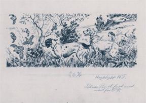 Hunting scene with dogs and Quail.