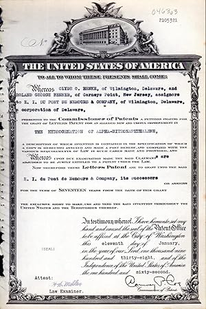 Immagine del venditore per Patent #2105321 Granted To Clyde C. Henke & George Benner., Assignors to Du Pont De Nemours & Co. for an Alleged New and Useful Improvements in Hydrogeneraton of Alpha-Nitronaphthalene venduto da Dorley House Books, Inc.