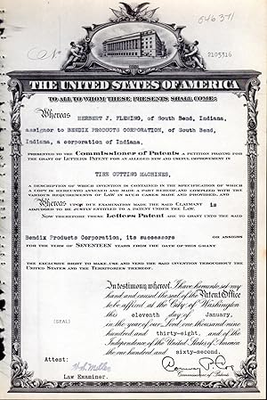 Seller image for Patent #2105316 Granted To Herbert J. Fleming of South Bend, IN, Assignor to Bendix Products Corp., for an Alleged New and Useful Improvements in Tire Cutting Machines for sale by Dorley House Books, Inc.