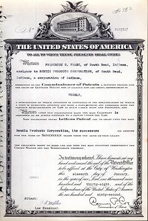 Immagine del venditore per Patent #2105317 Granted To Frederick G. Franz of South Bend, IN, Assignor to Bendix Products Corp., for an Alleged New and Useful Improvements in Wheels venduto da Dorley House Books, Inc.