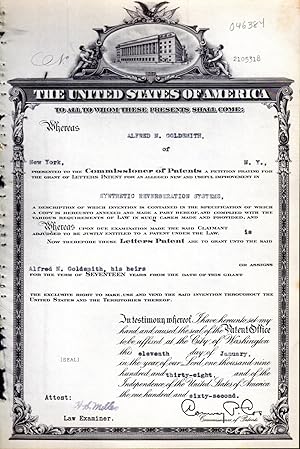 Immagine del venditore per Patent #2105318 Granted To Alfred W. Goldsmith of New York, NY, for an Alleged New and Useful Improvements in Synthetic Reverberation Systems venduto da Dorley House Books, Inc.