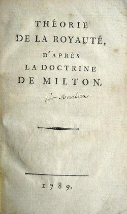 Imagen del vendedor de Thorie de la Royaut, d'aprs la doctrine de Milton. a la venta por Antiquariat Elvira Tasbach