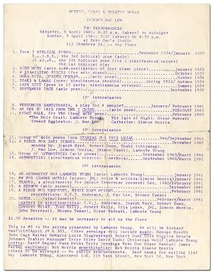 Seller image for [Program for Events Held at Yoko Ono's Chambers Street Apartment]: Poetry, Music & Theatre Works Jackson Mac Low Two Performance for sale by Between the Covers-Rare Books, Inc. ABAA