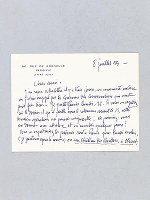 Lettre autographe signée datée du 8 juillet 1954 [ adressée à l'écrivain et érudit bordelais Arma...