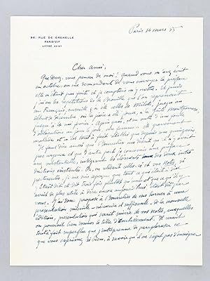 Lettre autographe signée datée du 14 mars 1955 [ adressée à l'écrivain et érudit bordelais Armand...