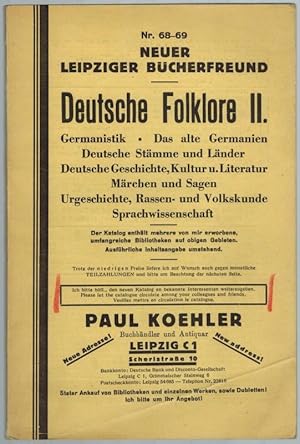 [Antiquariats-Katalog] Nr. 68-69. Neuer Leipziger Bücherfreund. Deutsche Folklore II. Germanistik...