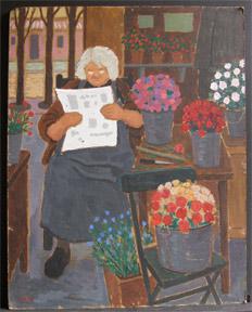 Elderly Florist Reading a Newspaper.