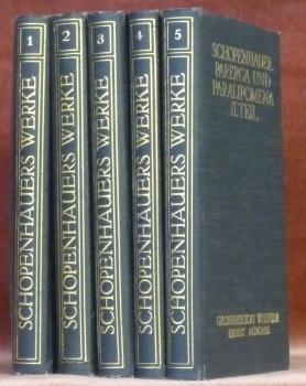 Bild des Verkufers fr Smmtliche Werke in fnf Bnden. Grossherzog Wilhelm Ernst Ausgabe. I - II: Die Welt als Wille und Vorstellung. 2 Bnde. II: Kleinere Schriften. 1 Band. IV - V: Parerga und Paralipomena. 2 Bnde. zum Verkauf von Bouquinerie du Varis